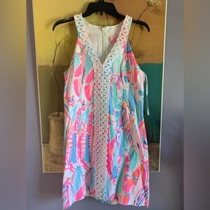 EUC Lilly Pulitzer Out To Sea Lynn Shift Dress 8 Nautical Sail boats white lace